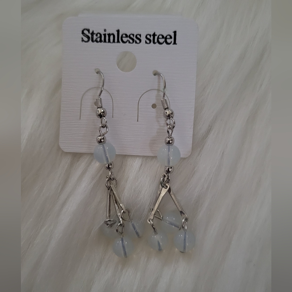 NWT Pale Blue Crystal Beaded Silver Hoop Dangle Earrings